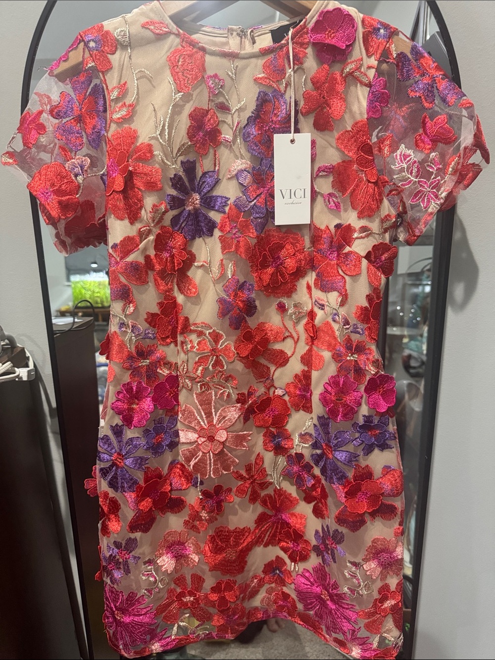 VICI Cream Dress with Red, Pink & Purple Floral Embroidery